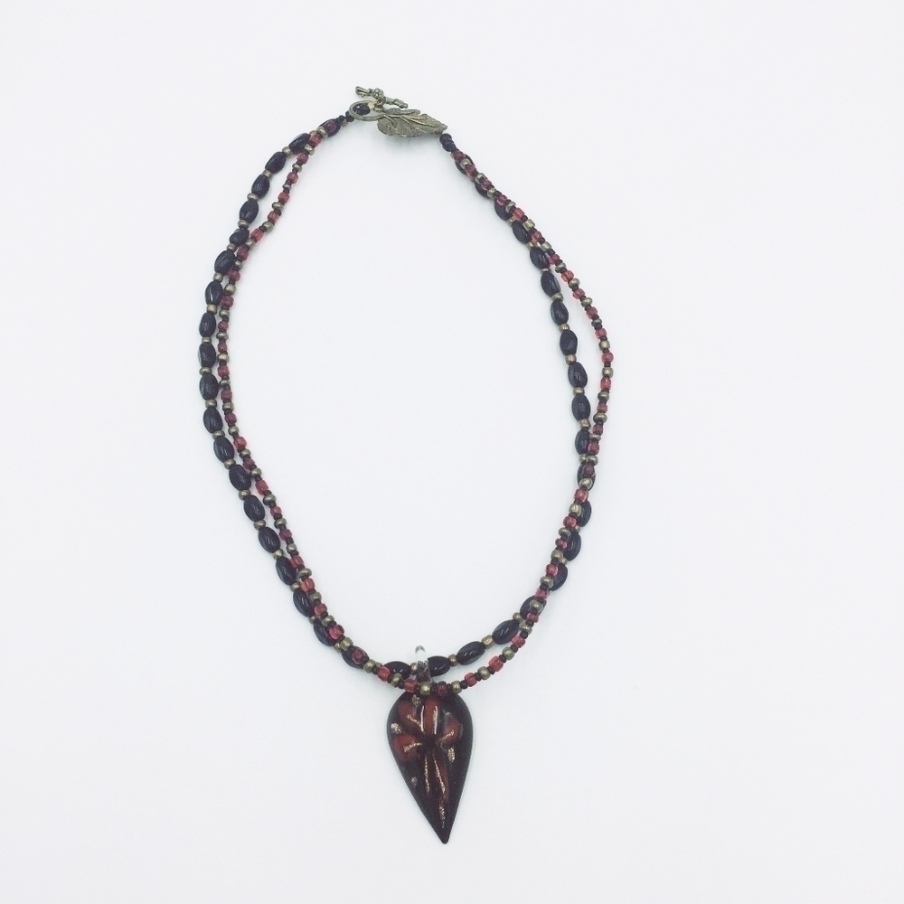 Handpainted Pointed Pendant Beaded Necklace Red